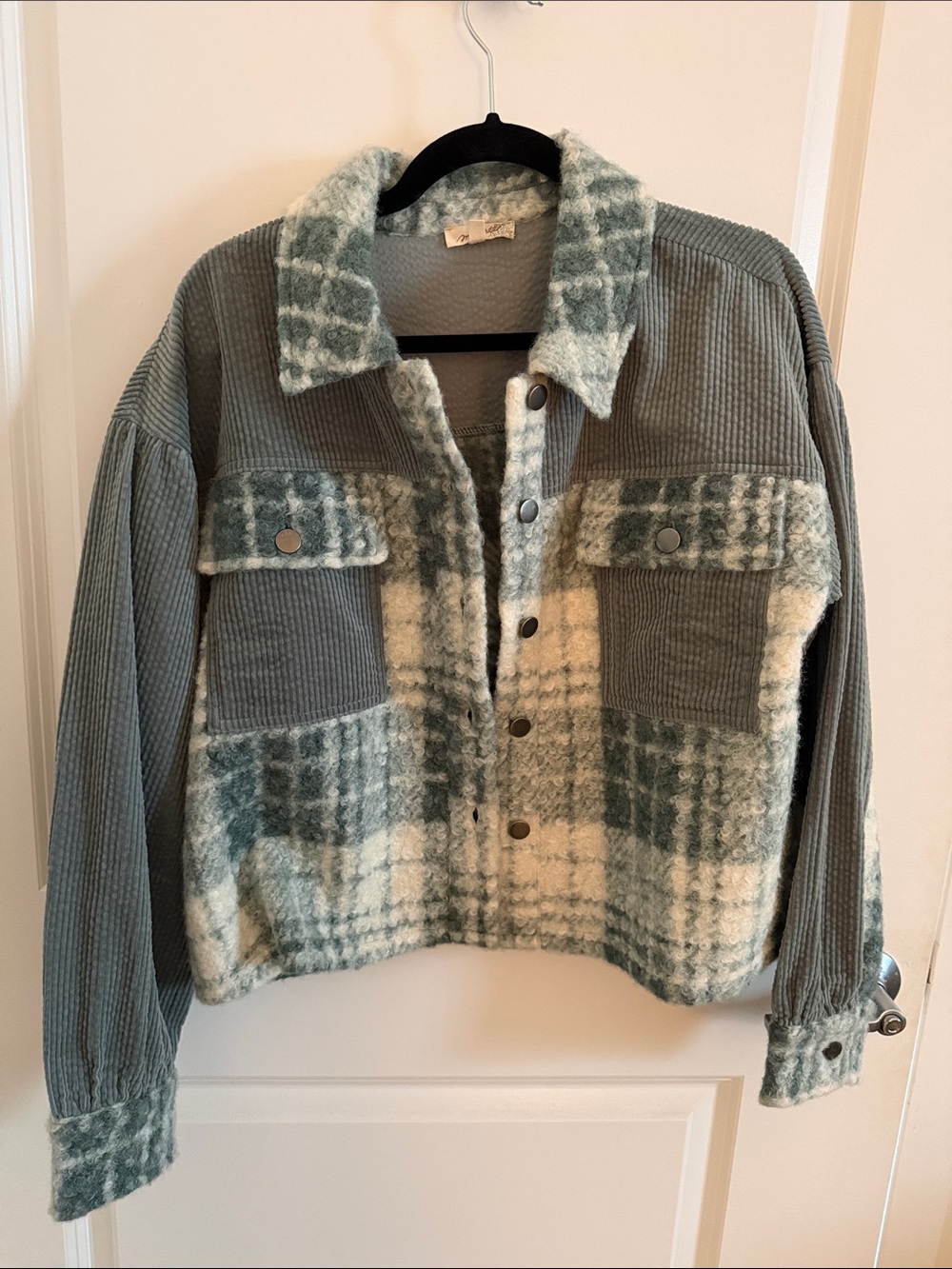 Mystree Green and Cream Plaid Corduroy Shacket